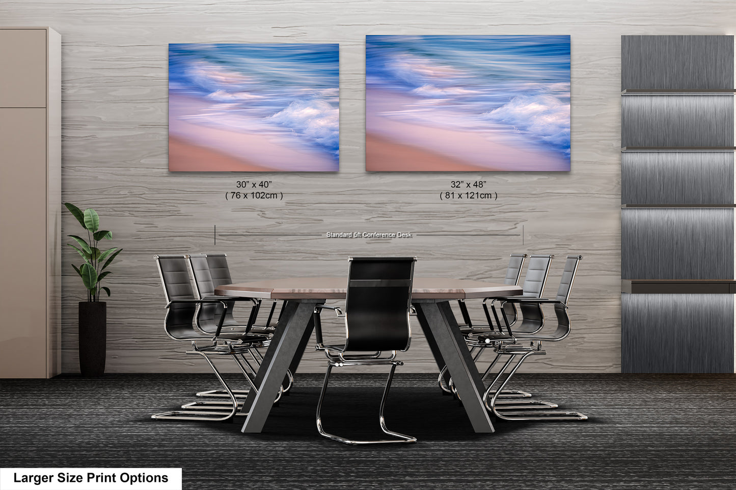 a dining room table with chairs and two pictures on the wall