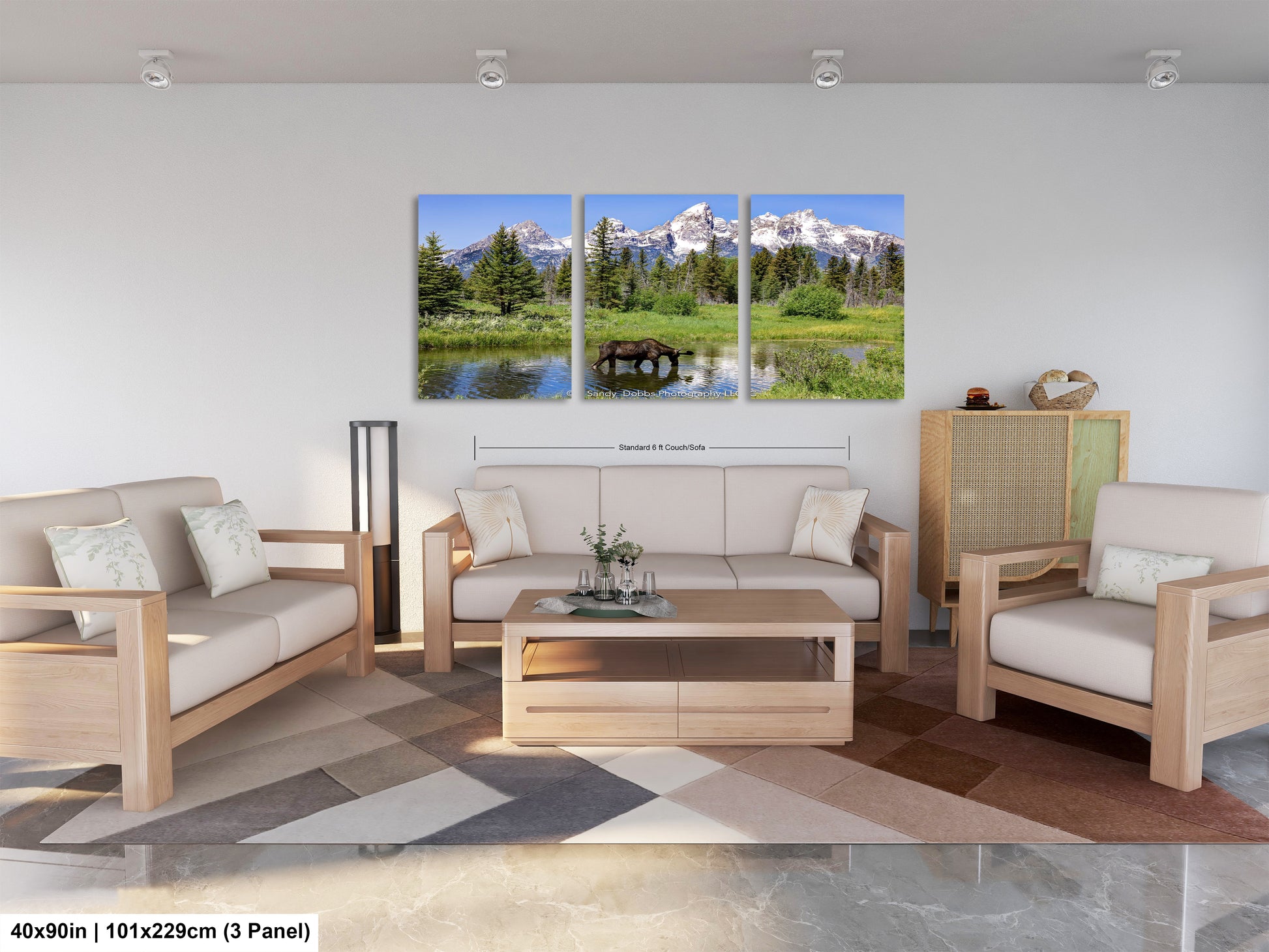 a living room filled with furniture and a painting on the wall
