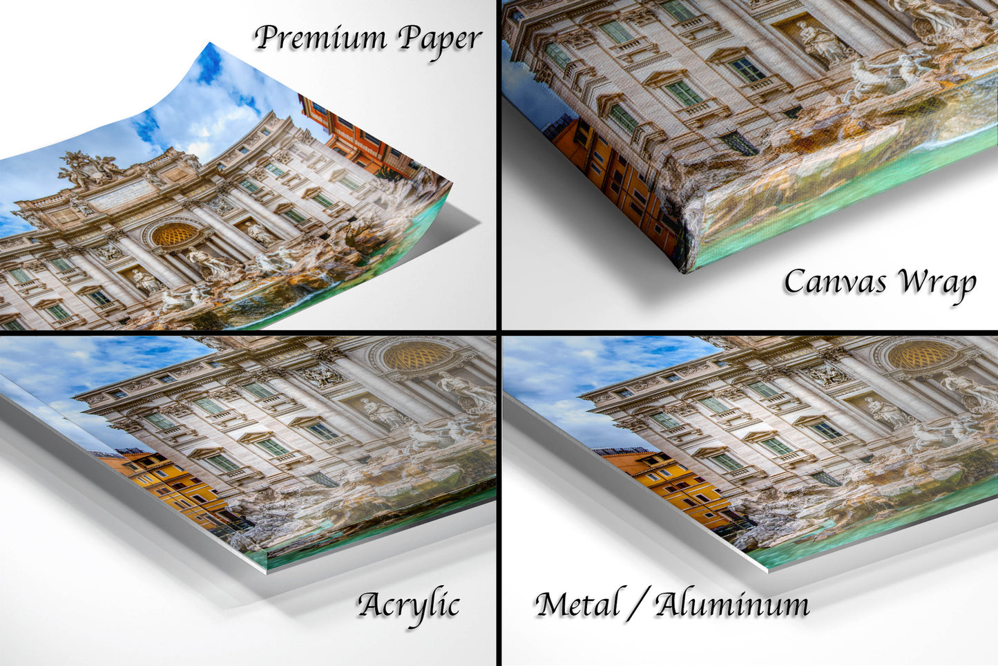 four pictures of a building with a sky background