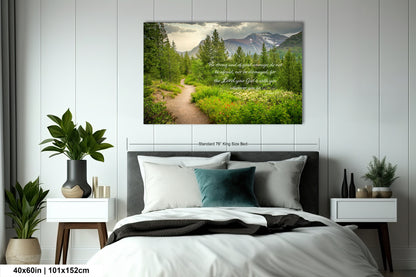 a bedroom with a large poster on the wall