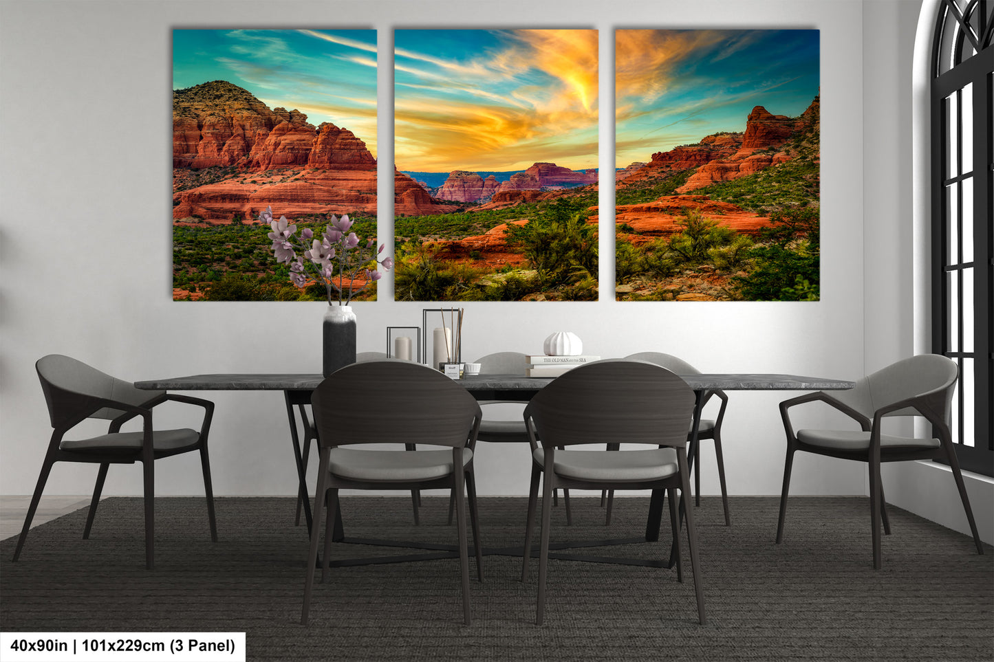 a dining room with a table and four chairs