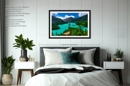 a bedroom with a large framed picture of a scenic mountain landscape hanging on the wall above a bed with white bedding and a gray headboard.