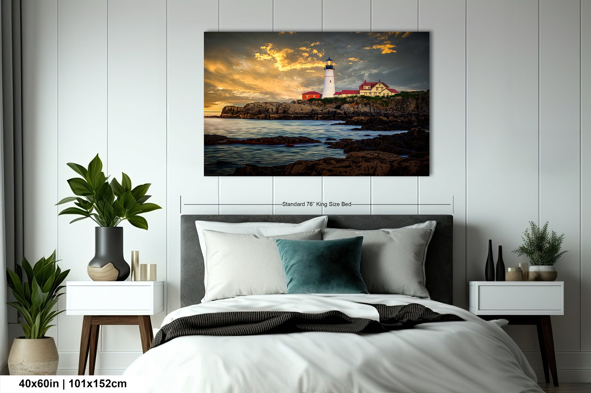 a bedroom with a bed and a painting on the wall