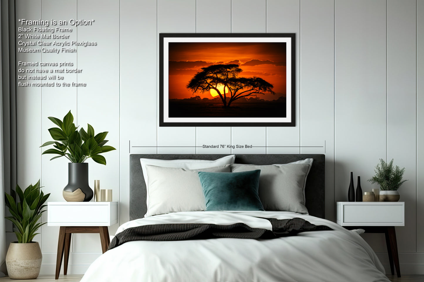 a bedroom with a bed and a picture on the wall