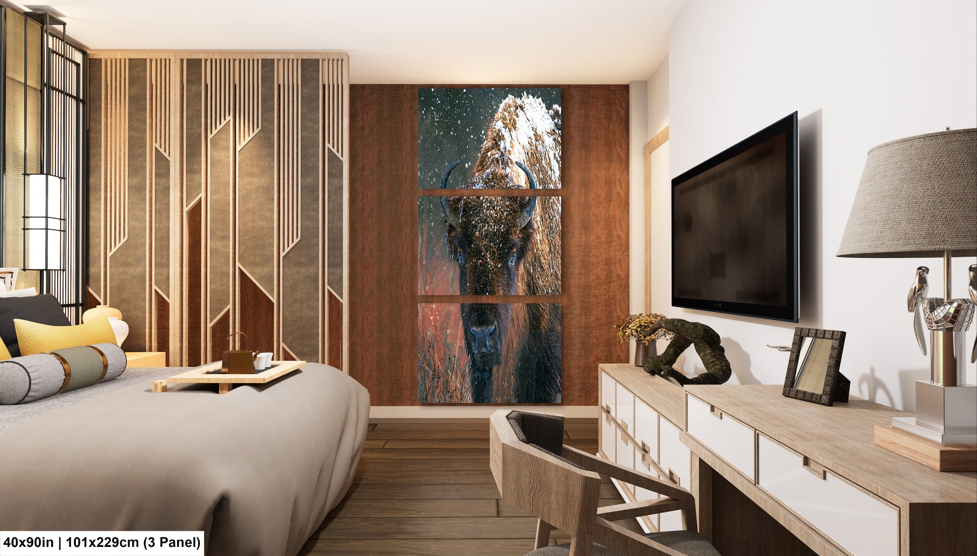a bed room with a neatly made bed and a flat screen tv