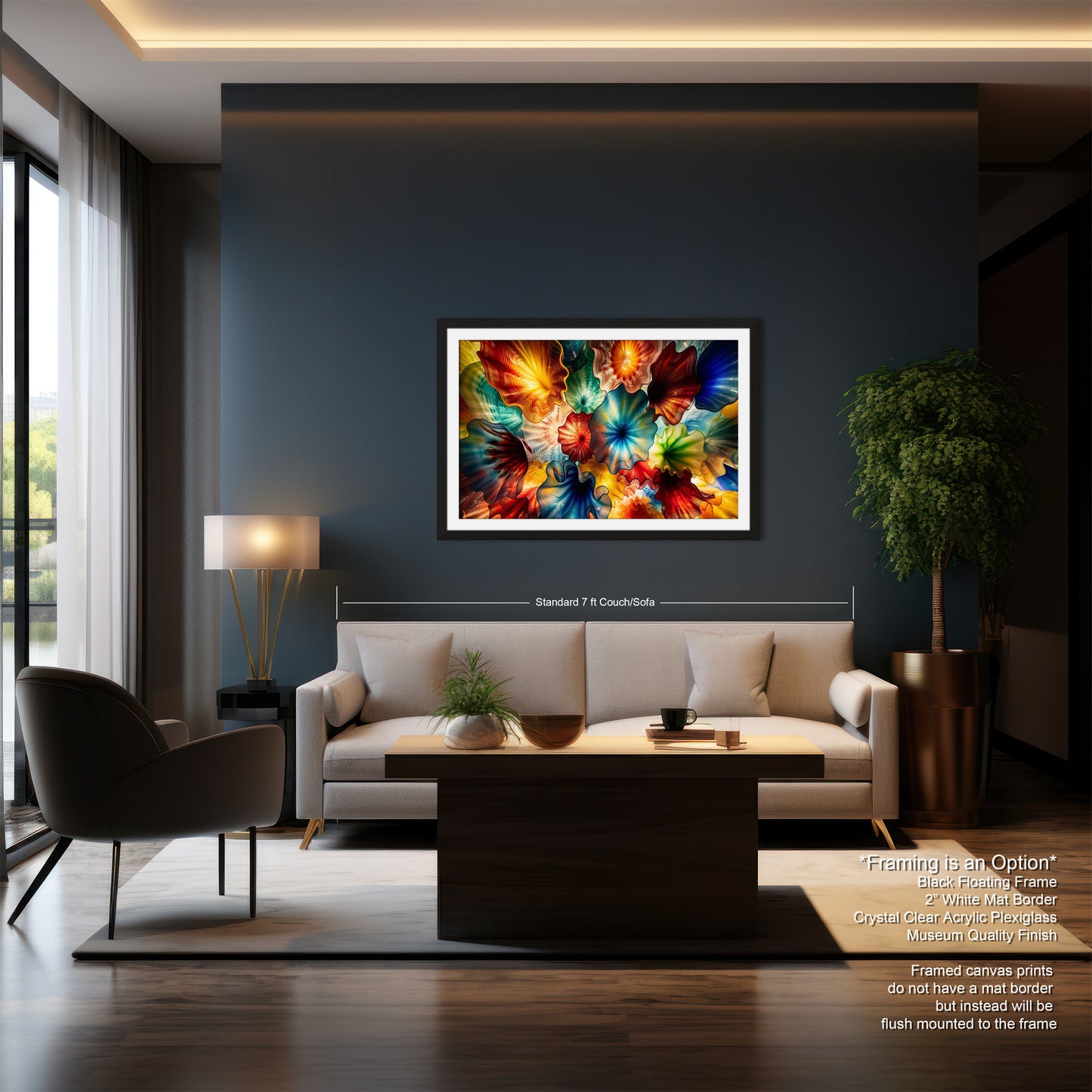 a modern living room with a large, vibrant abstract painting hanging on the wall above a white sofa. The room has a sleek, minimalist design with a dark gray wall, a wooden coffee table, and a large window providing natural light.