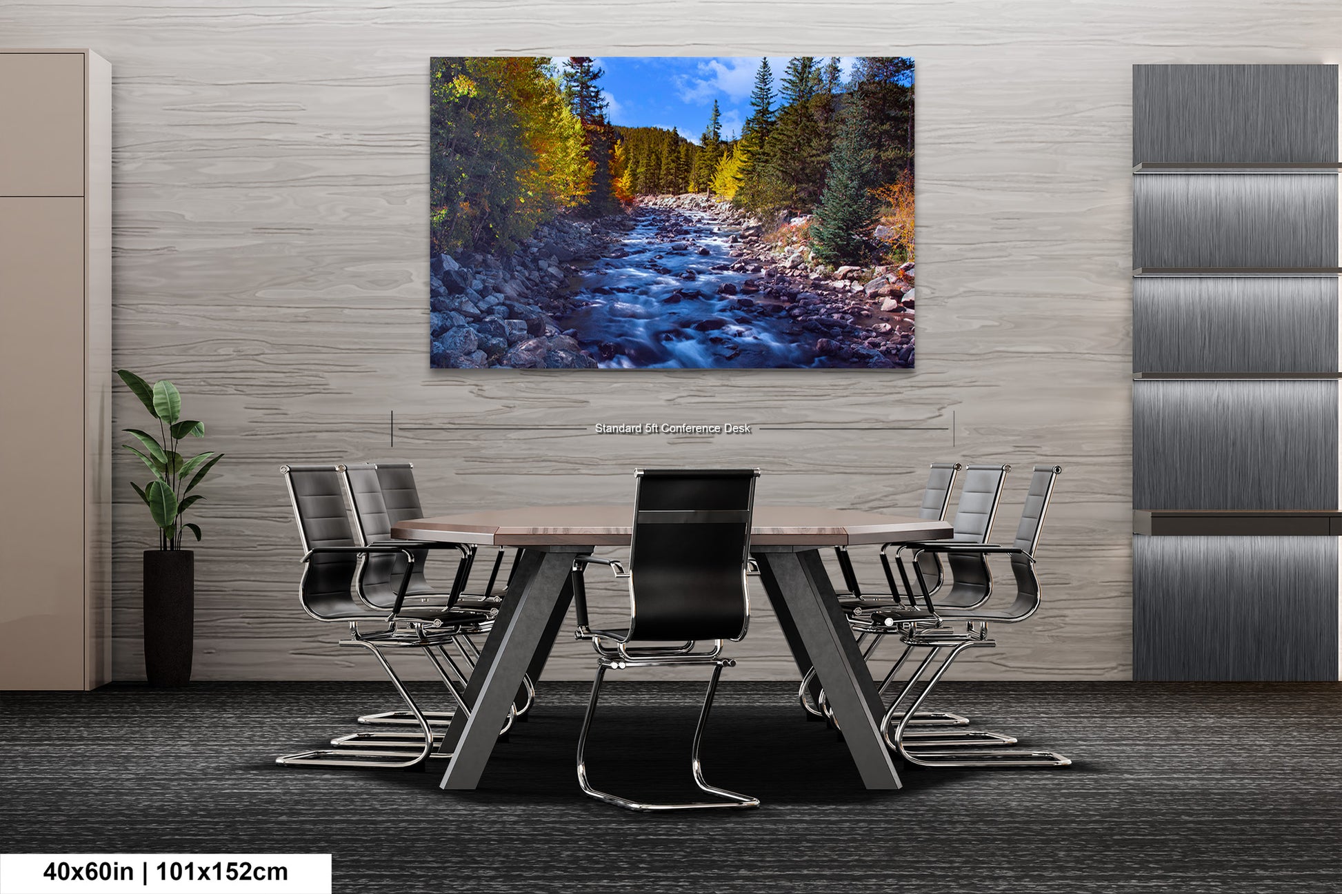 a painting of a river running through a forest