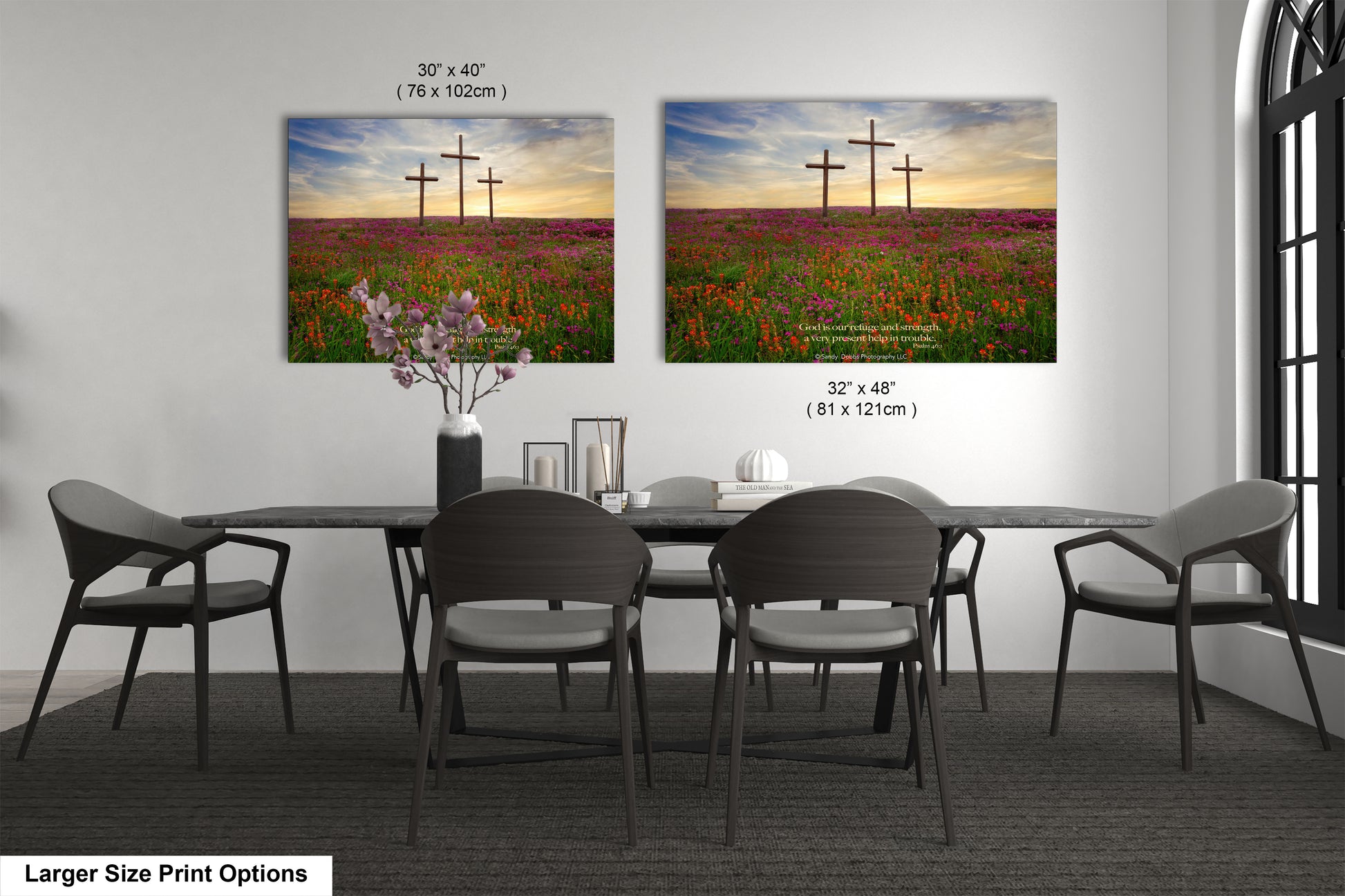 a dining room table with chairs and a vase of flowers
