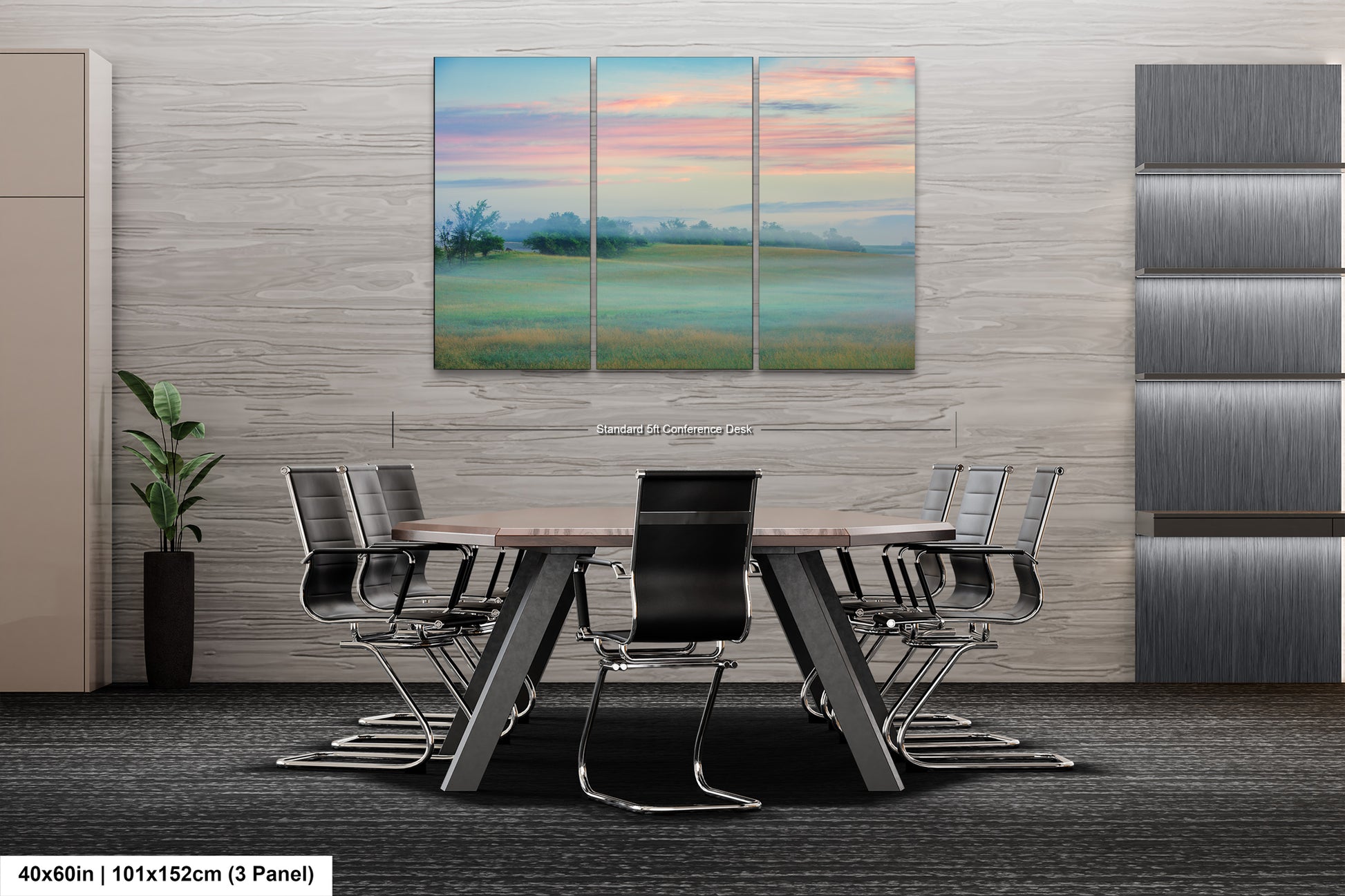 a dining room table with chairs and a painting on the wall