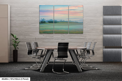 a dining room table with chairs and a painting on the wall