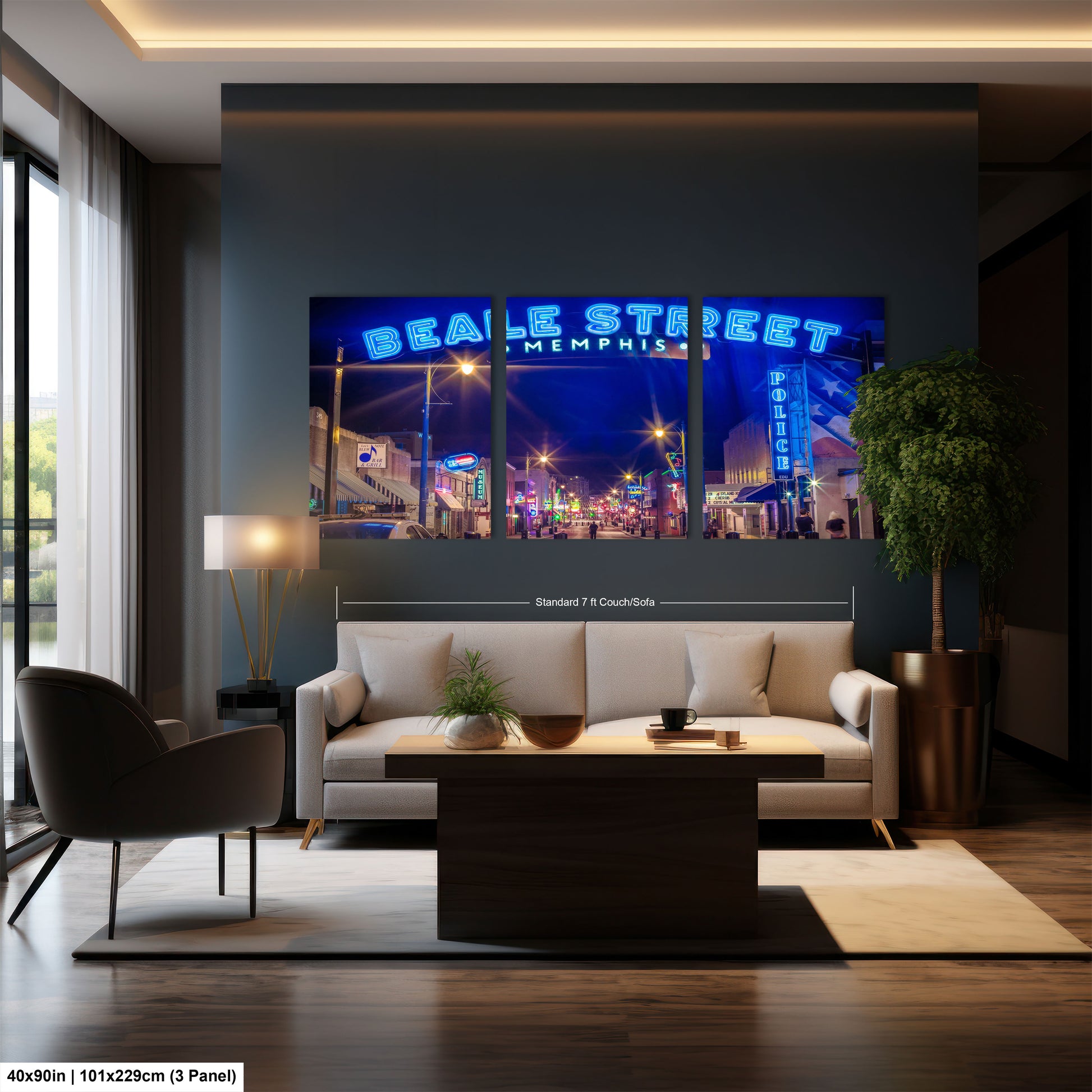 a living room with a couch and a table