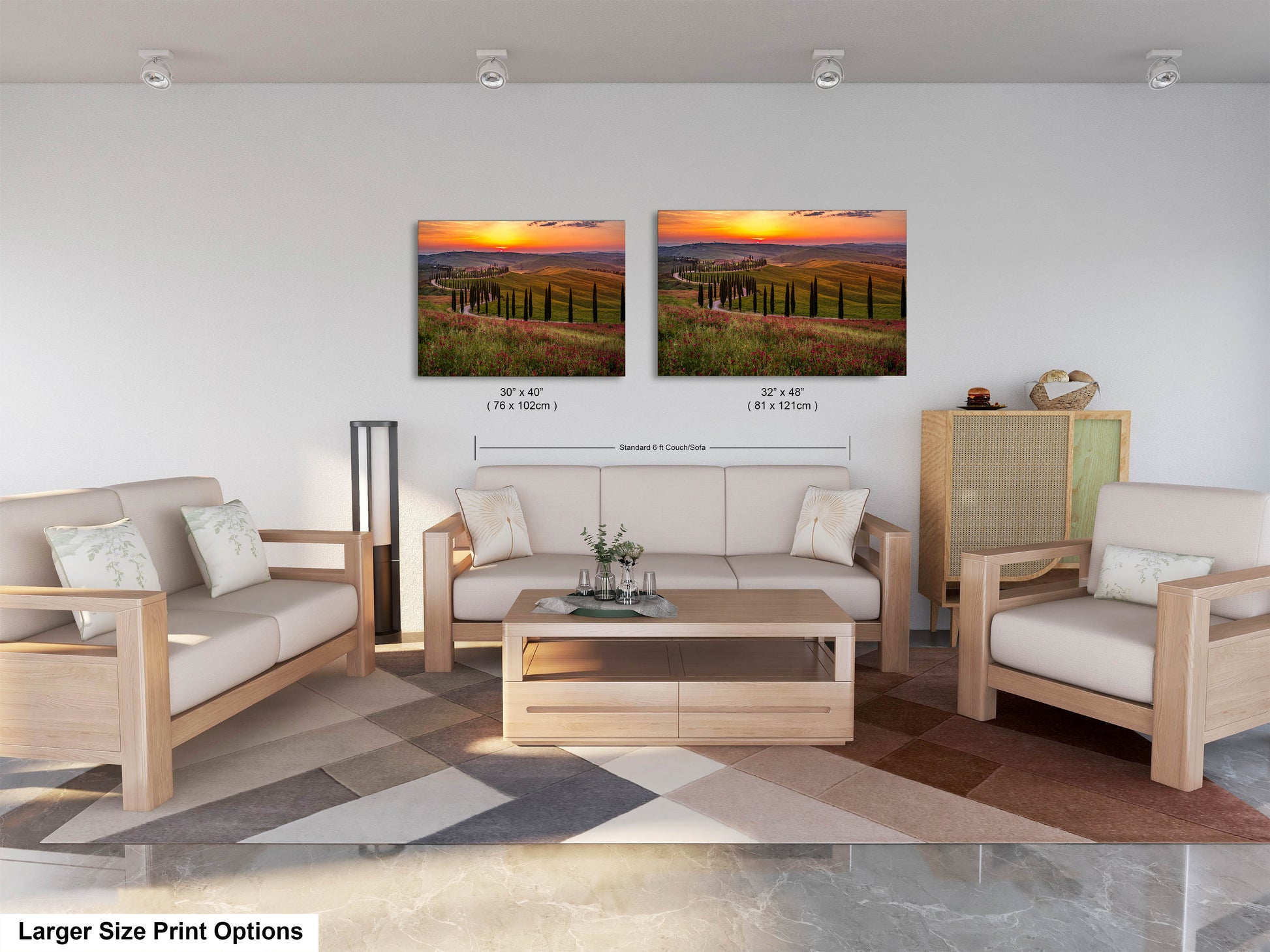 a living room filled with furniture and a painting on the wall