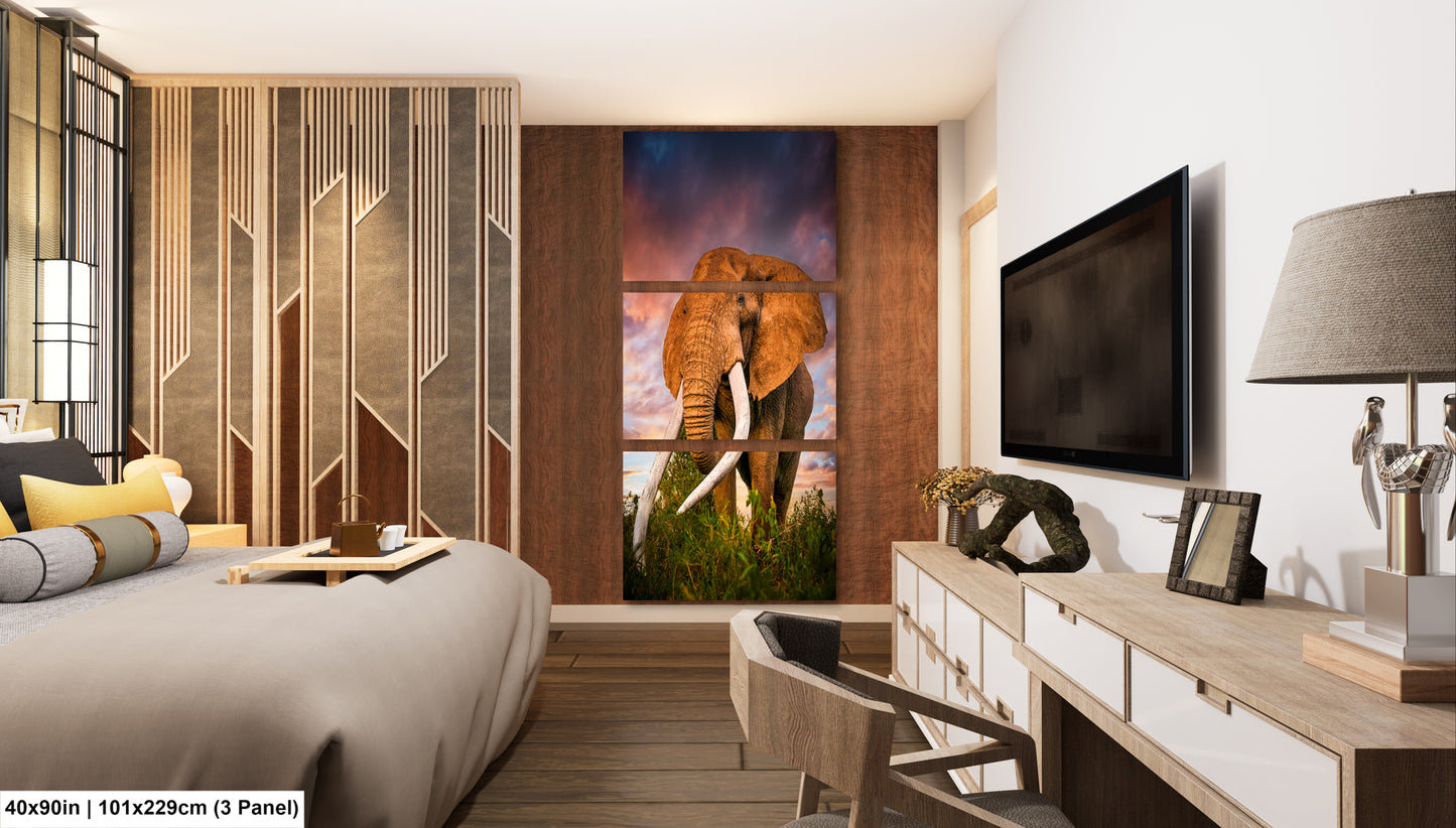 a bedroom with a large painting of an elephant on the wall