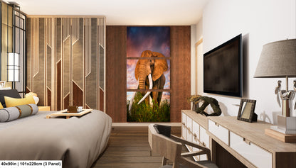 a bedroom with a large painting of an elephant on the wall