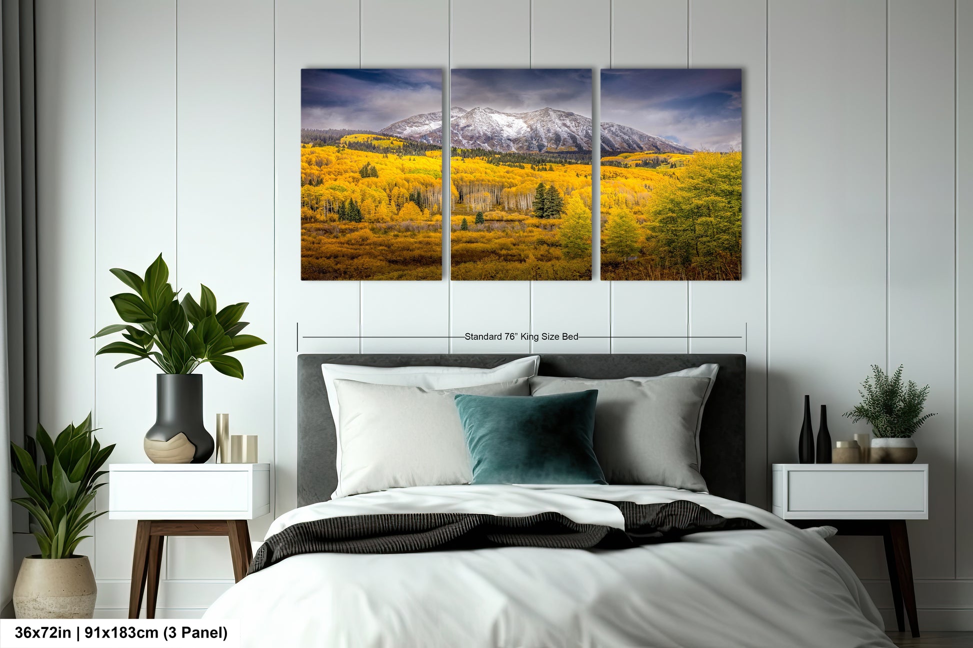 a bed room with a neatly made bed and a painting on the wall