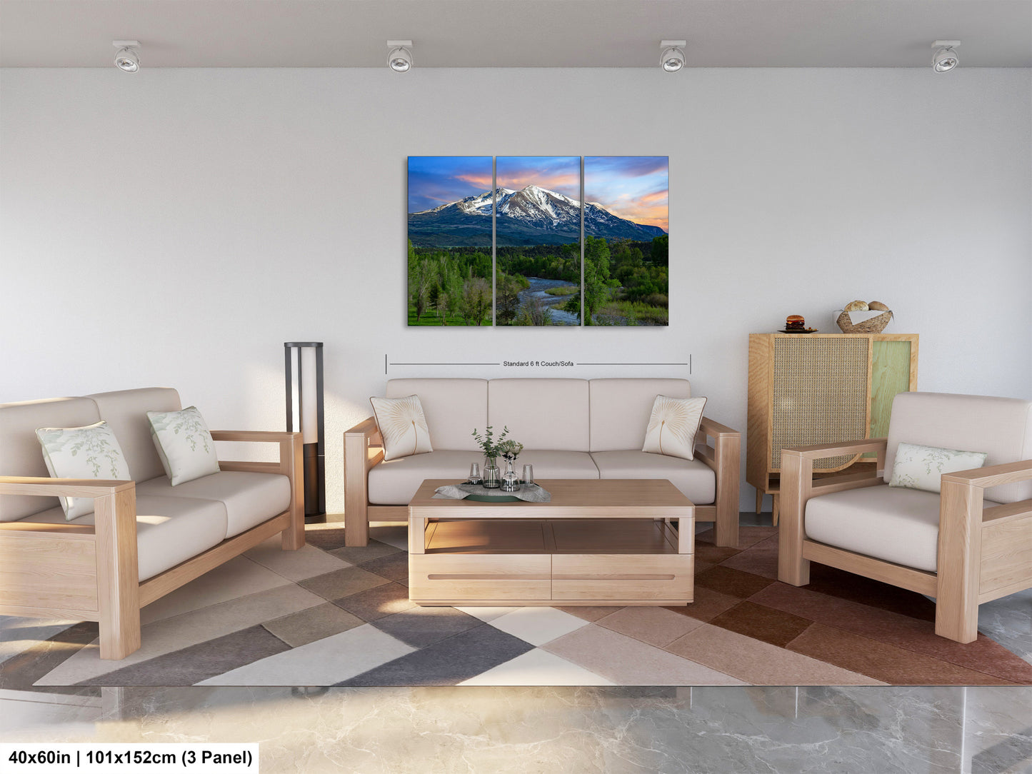 a living room filled with furniture and a painting on the wall