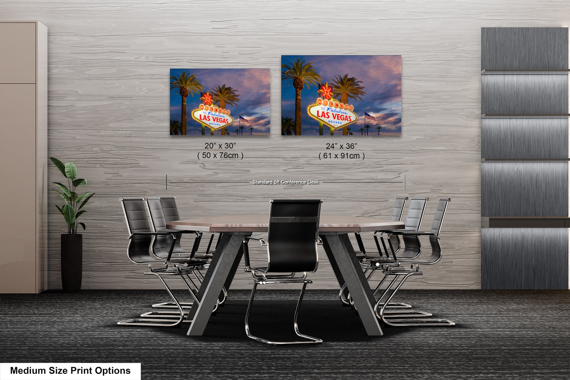 a dining room table with chairs and a sign on the wall