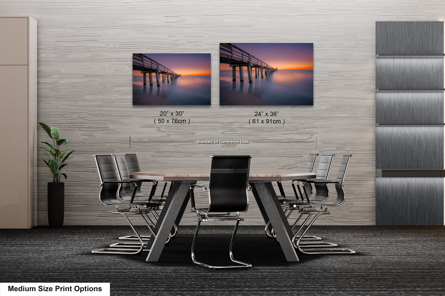 a dining room table with chairs and a picture of a pier