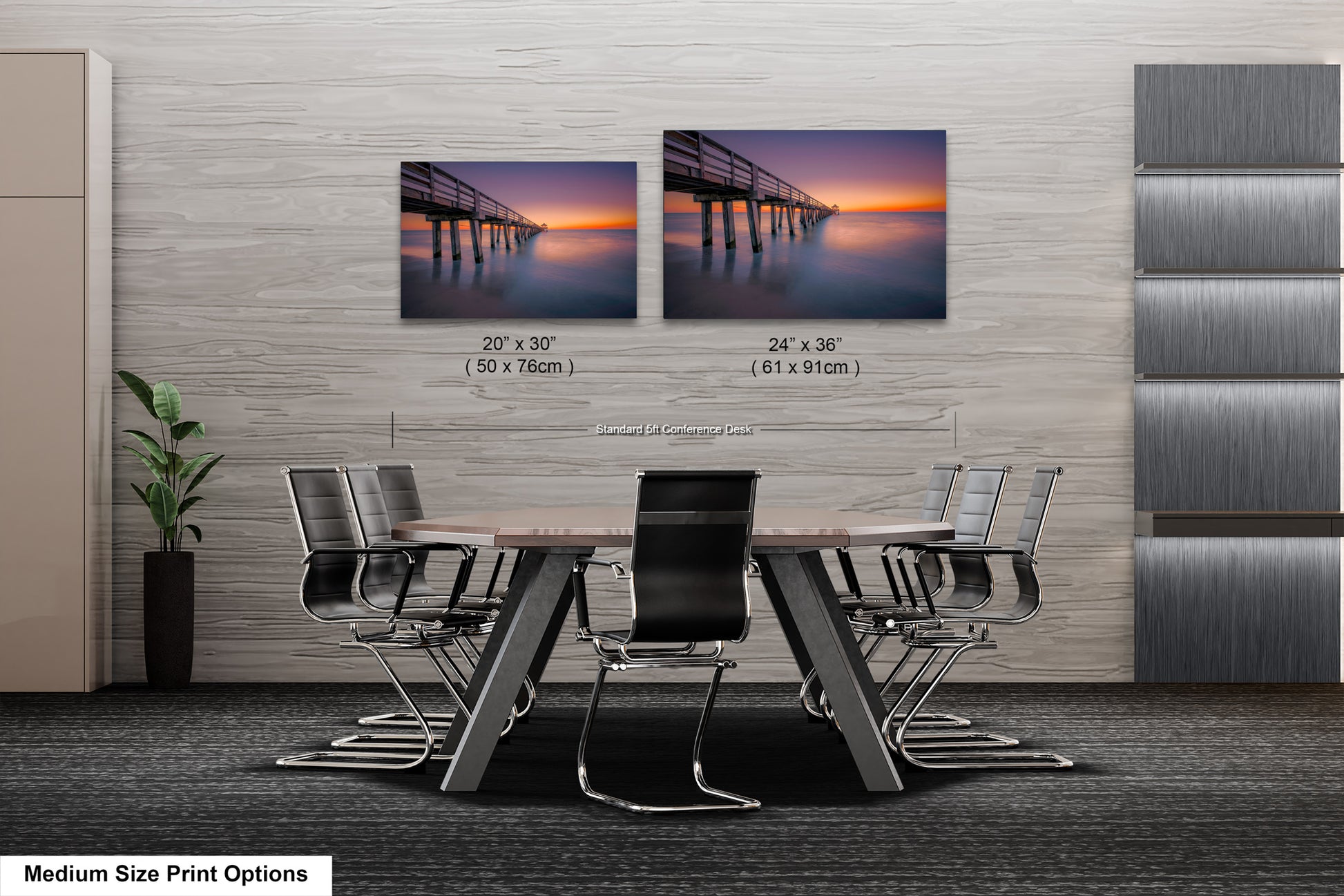 a dining room table with chairs and a picture of a pier