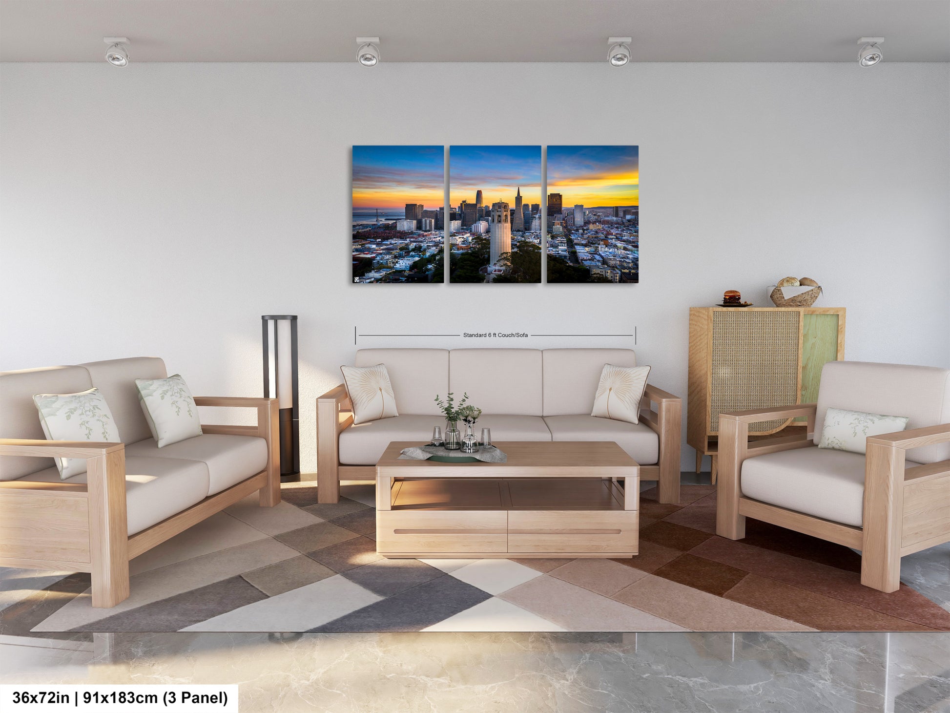 a living room filled with furniture and a painting on the wall