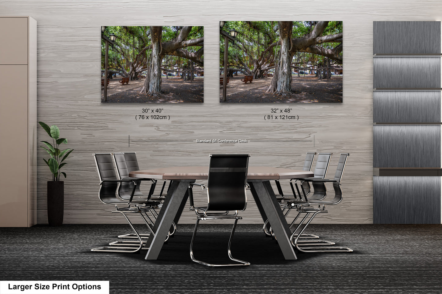 a dining room table with chairs and two pictures on the wall