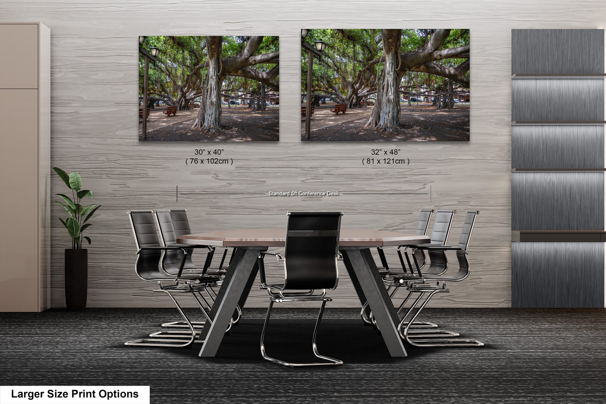 a dining room table with chairs and two pictures on the wall