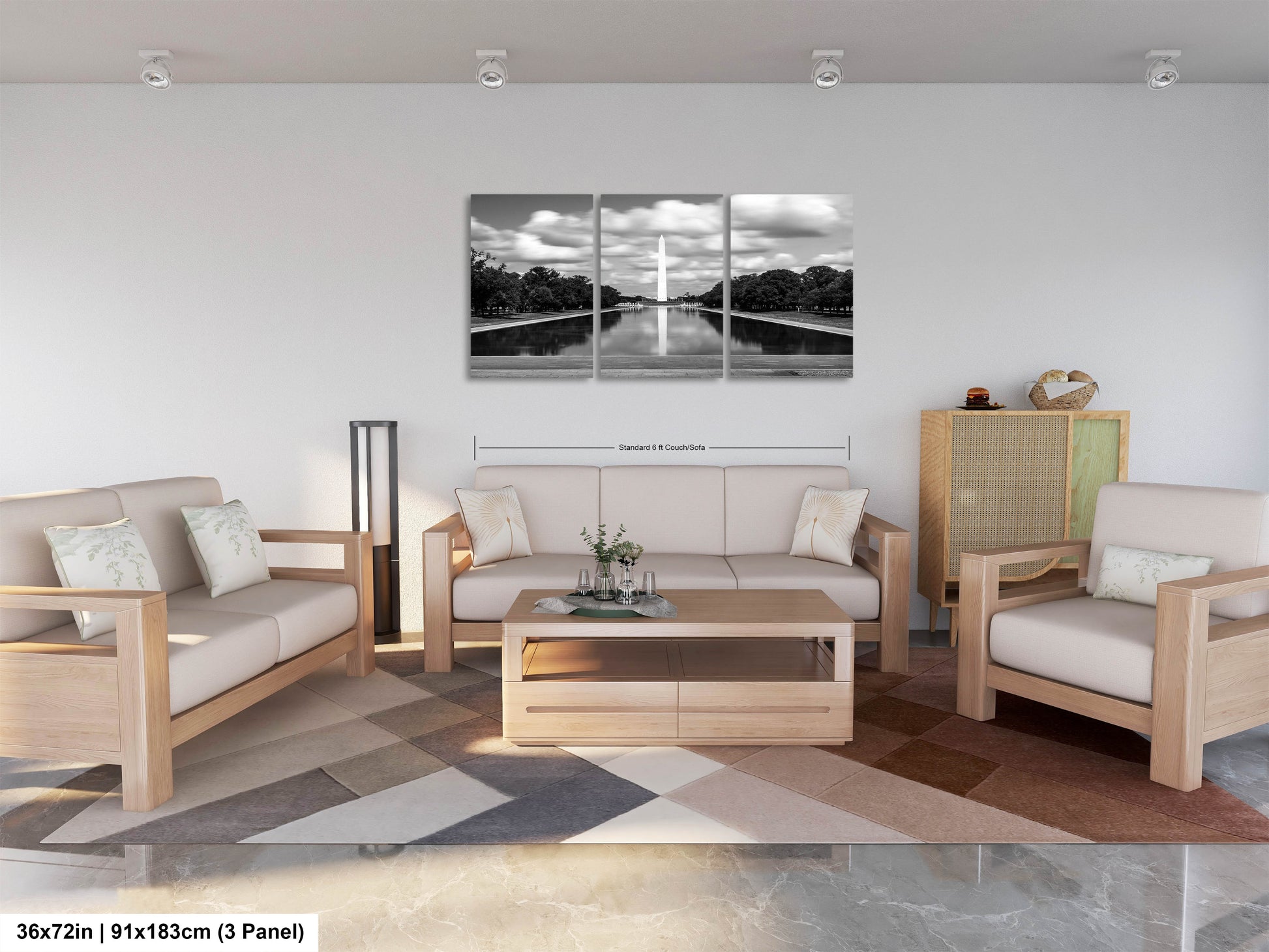 a living room filled with furniture and a painting on the wall