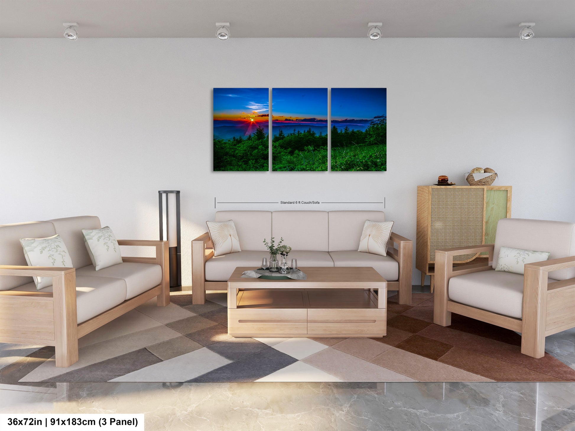 a living room filled with furniture and a painting on the wall
