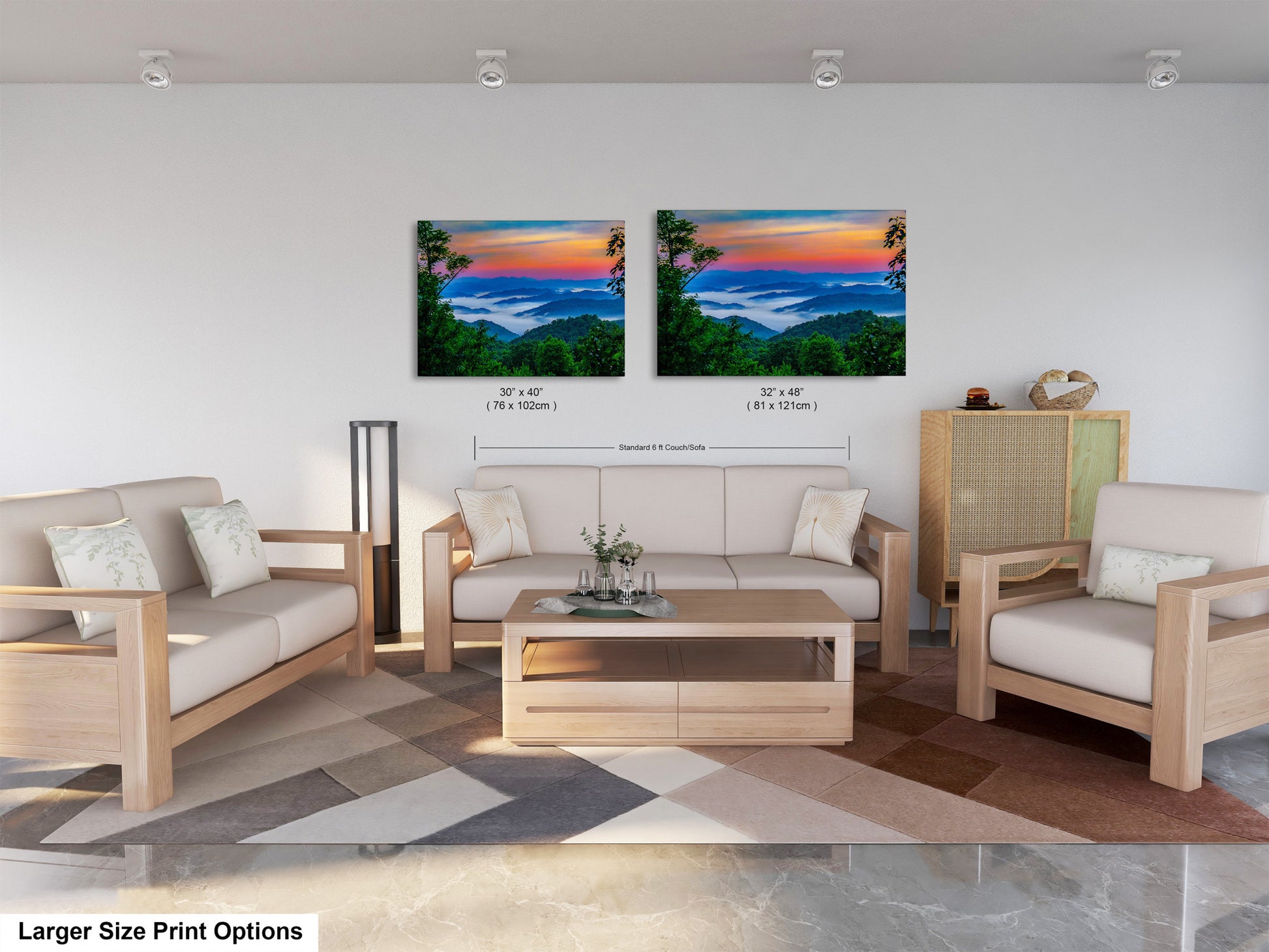 a living room filled with furniture and a painting on the wall