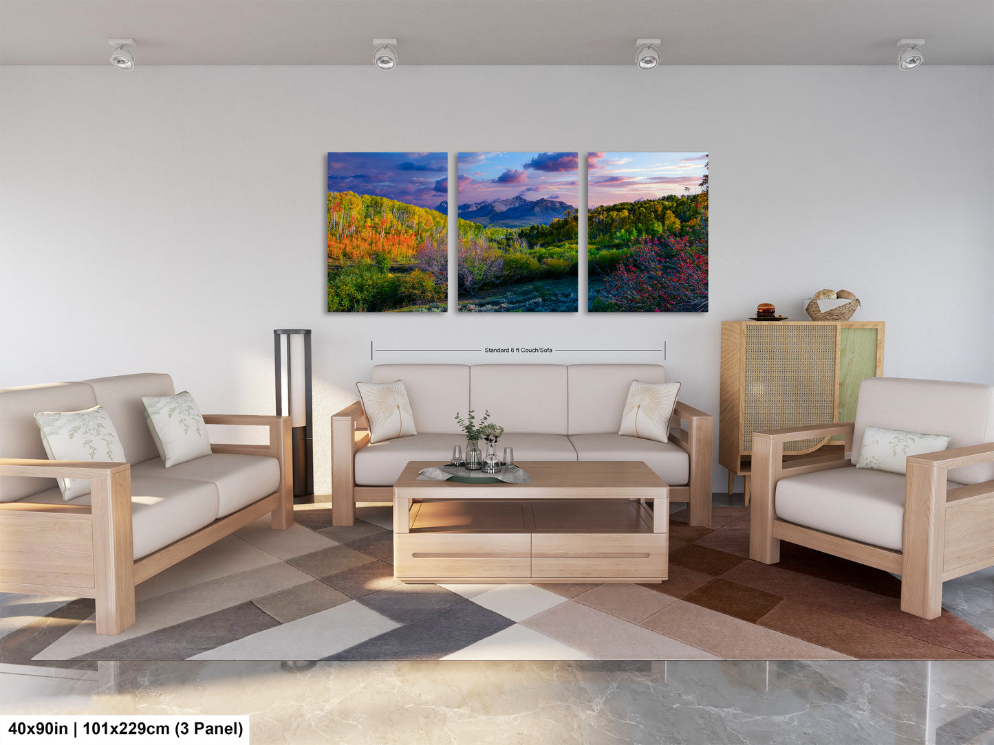 a living room filled with furniture and a painting on the wall