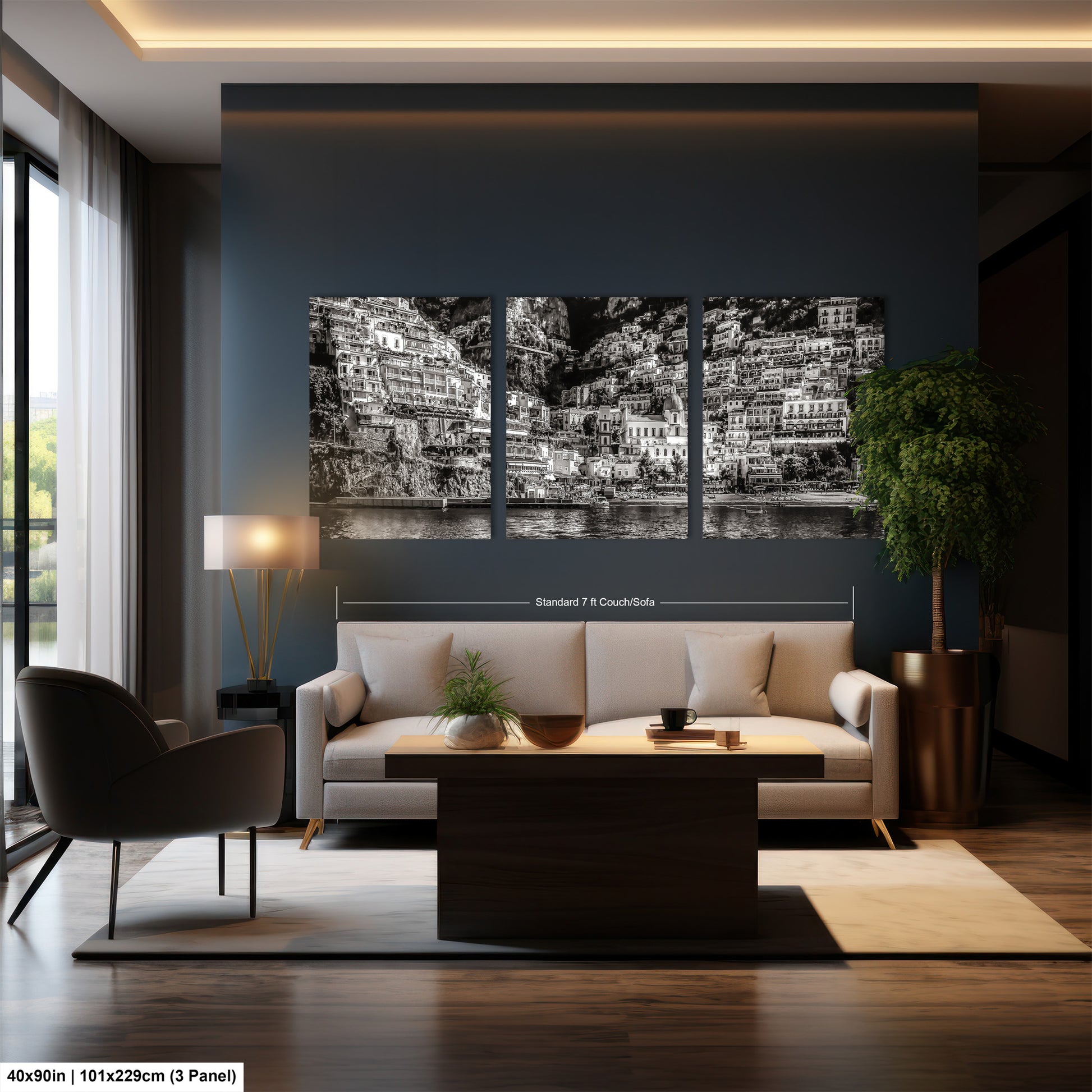 a living room filled with furniture and a painting on the wall