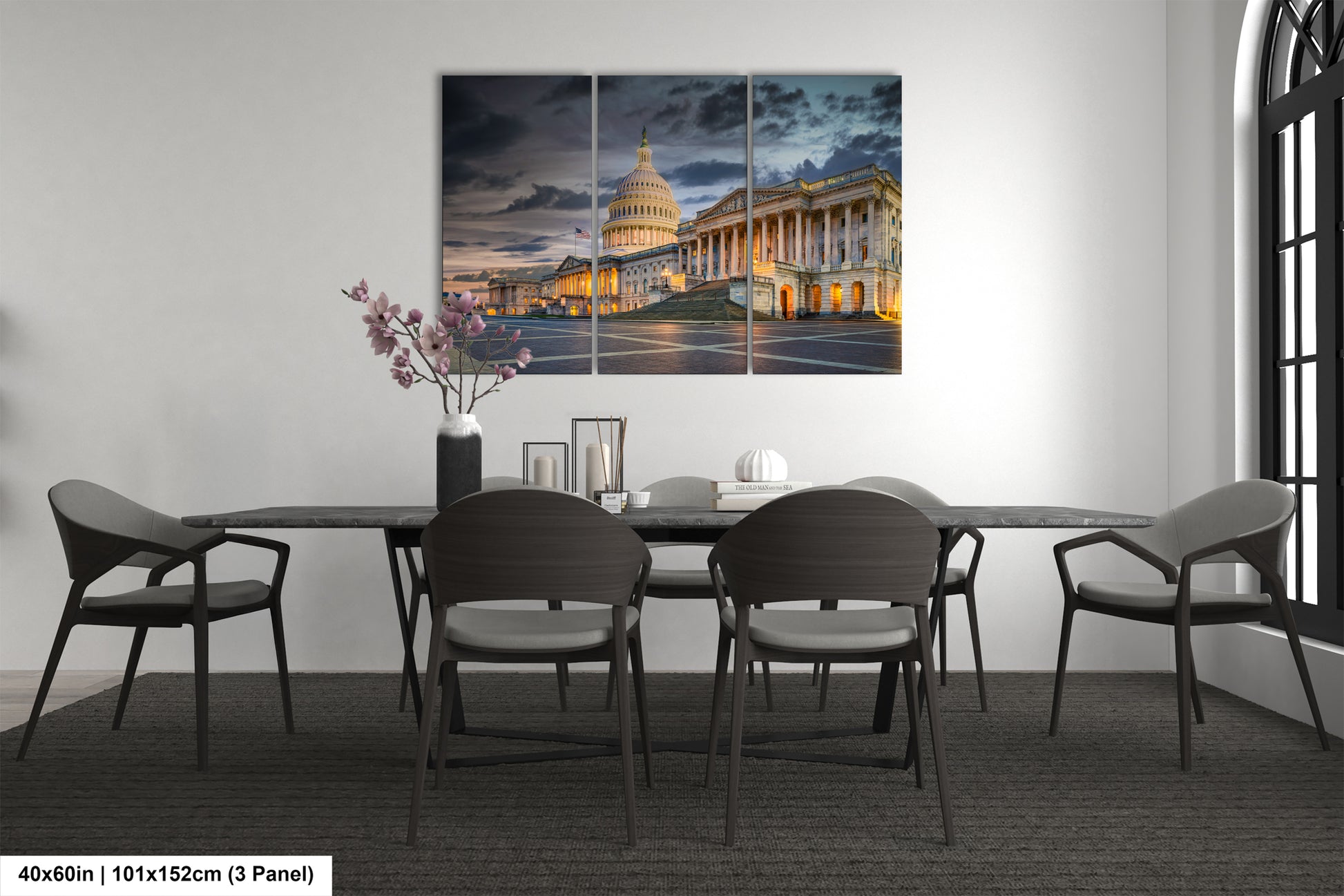 a dining room with a table and chairs