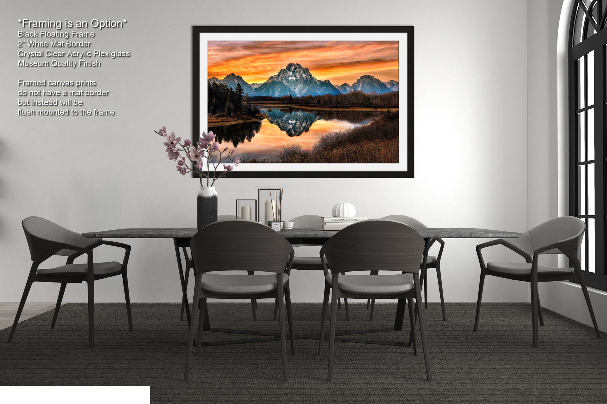 a dining room with a table and chairs