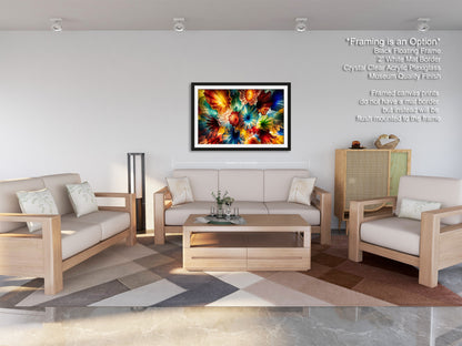 a modern living room with a white sofa, two chairs, and a wooden coffee table. The room has a geometric patterned rug on the floor and a framed artwork hanging on the wall.