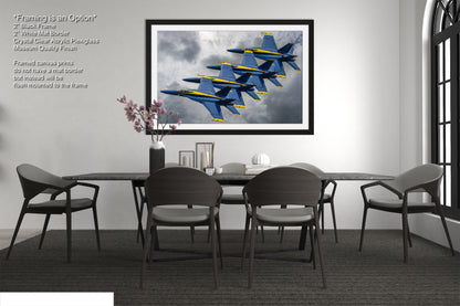 a group of fighter jets flying through a cloudy sky