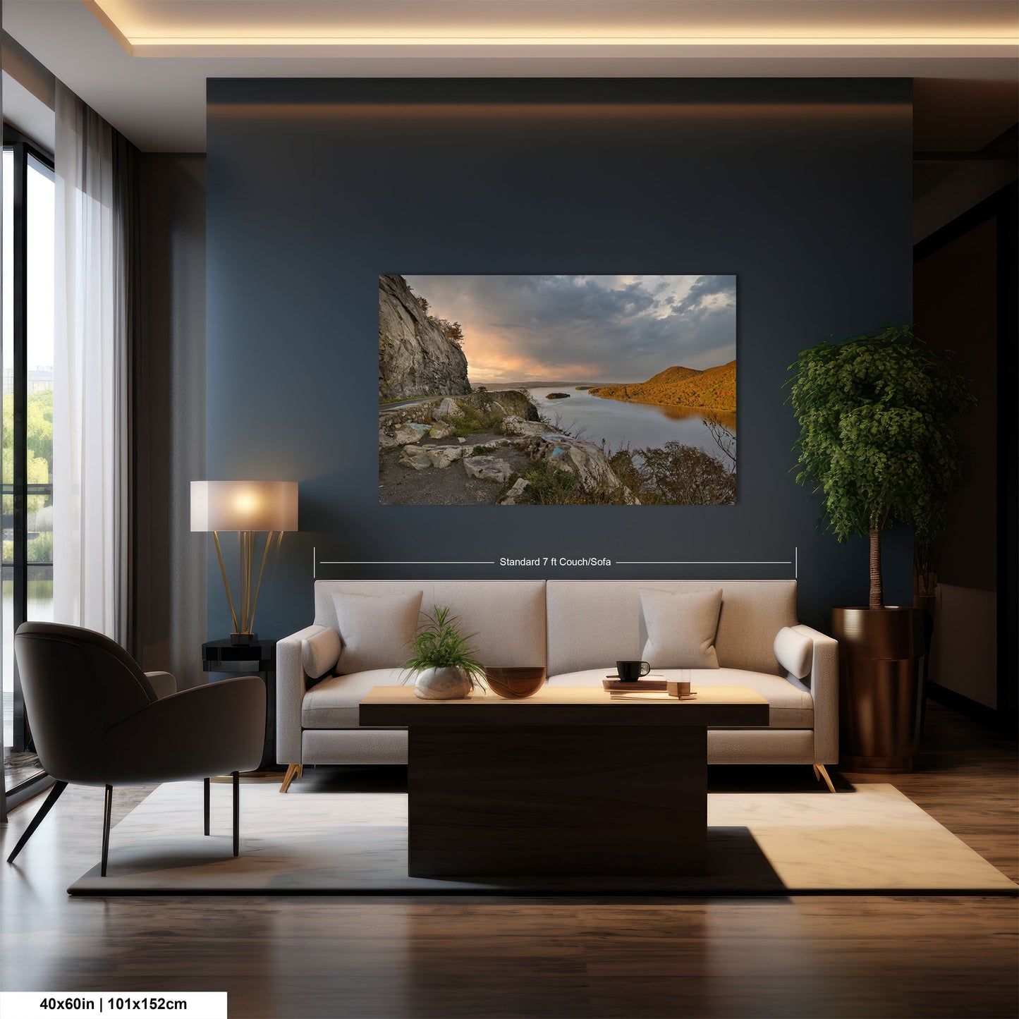 a living room with a large painting on the wall