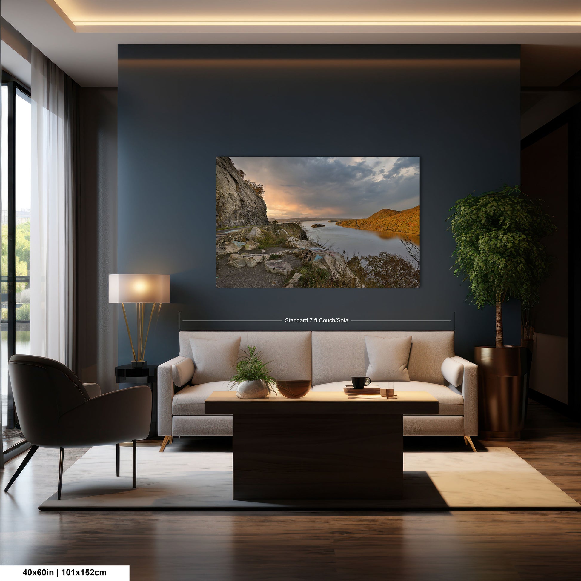 a living room with a large painting on the wall