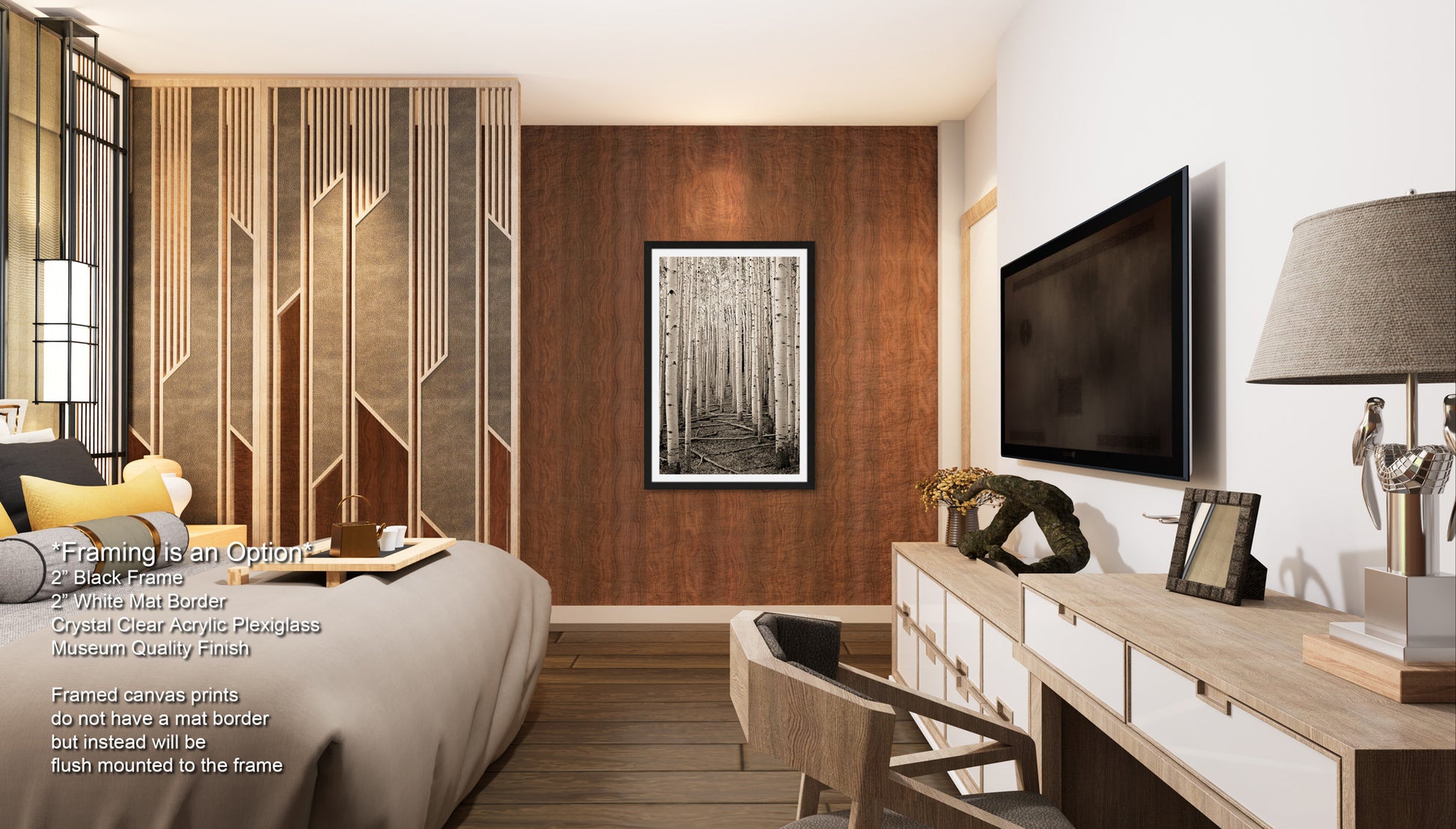 a bed room with a neatly made bed and a flat screen tv