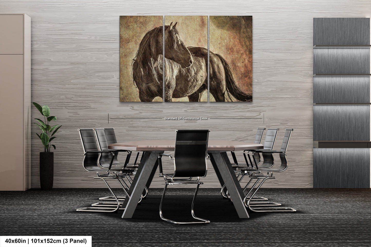 a painting of a horse on a wall above a table