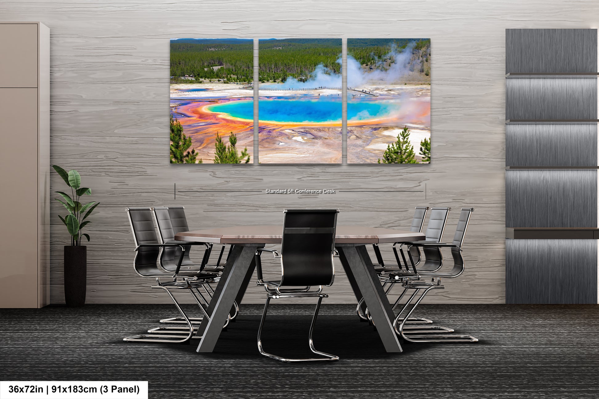 a dining room with a table and chairs with a view of a geyser