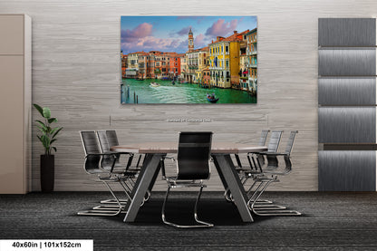 a painting of a cityscape with a boat in the water