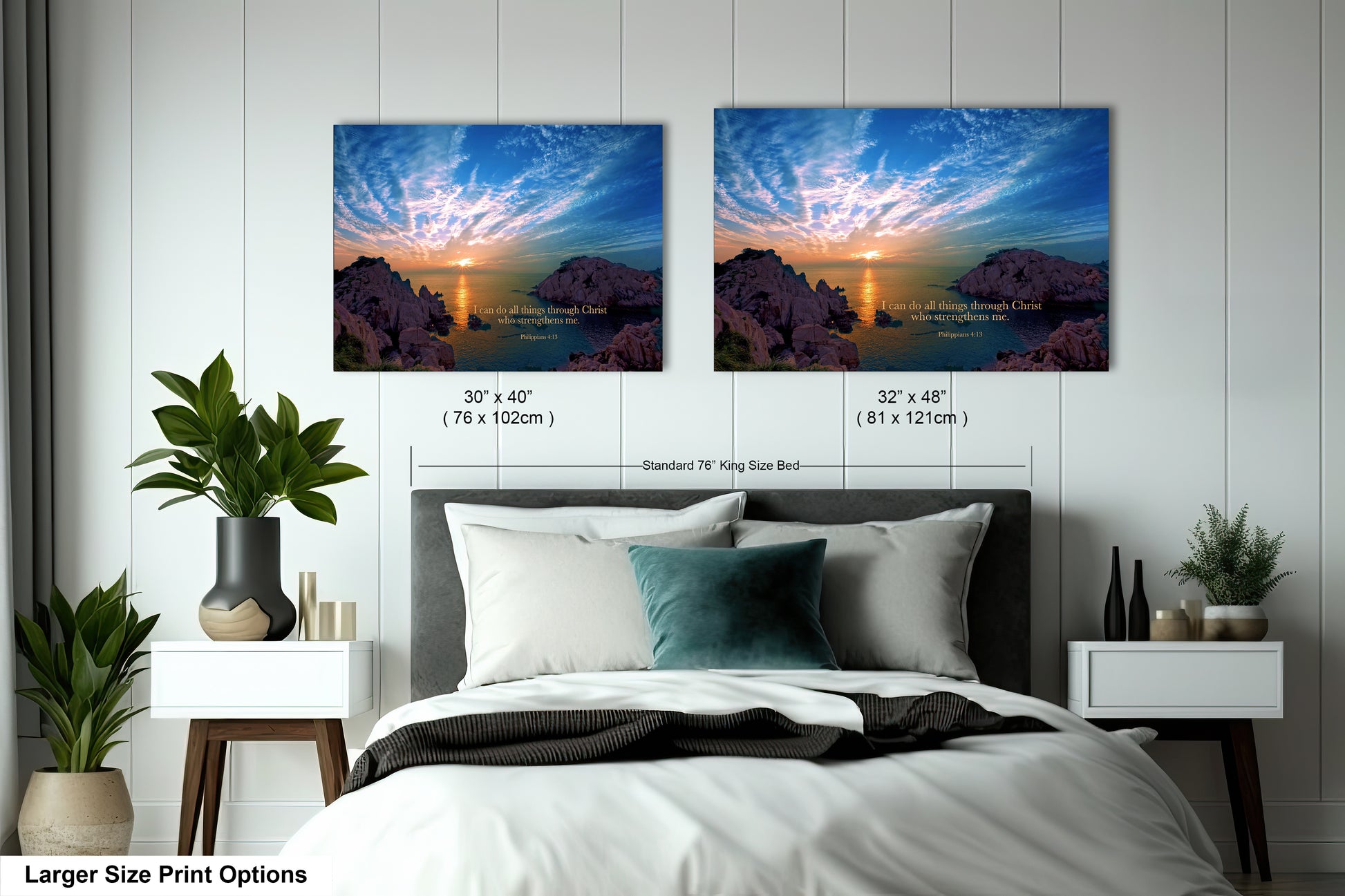 a bedroom with a bed and two pictures on the wall