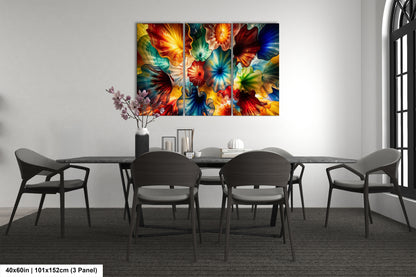 a modern dining room with a large, colorful abstract painting hanging on the wall above a black table surrounded by six chairs.