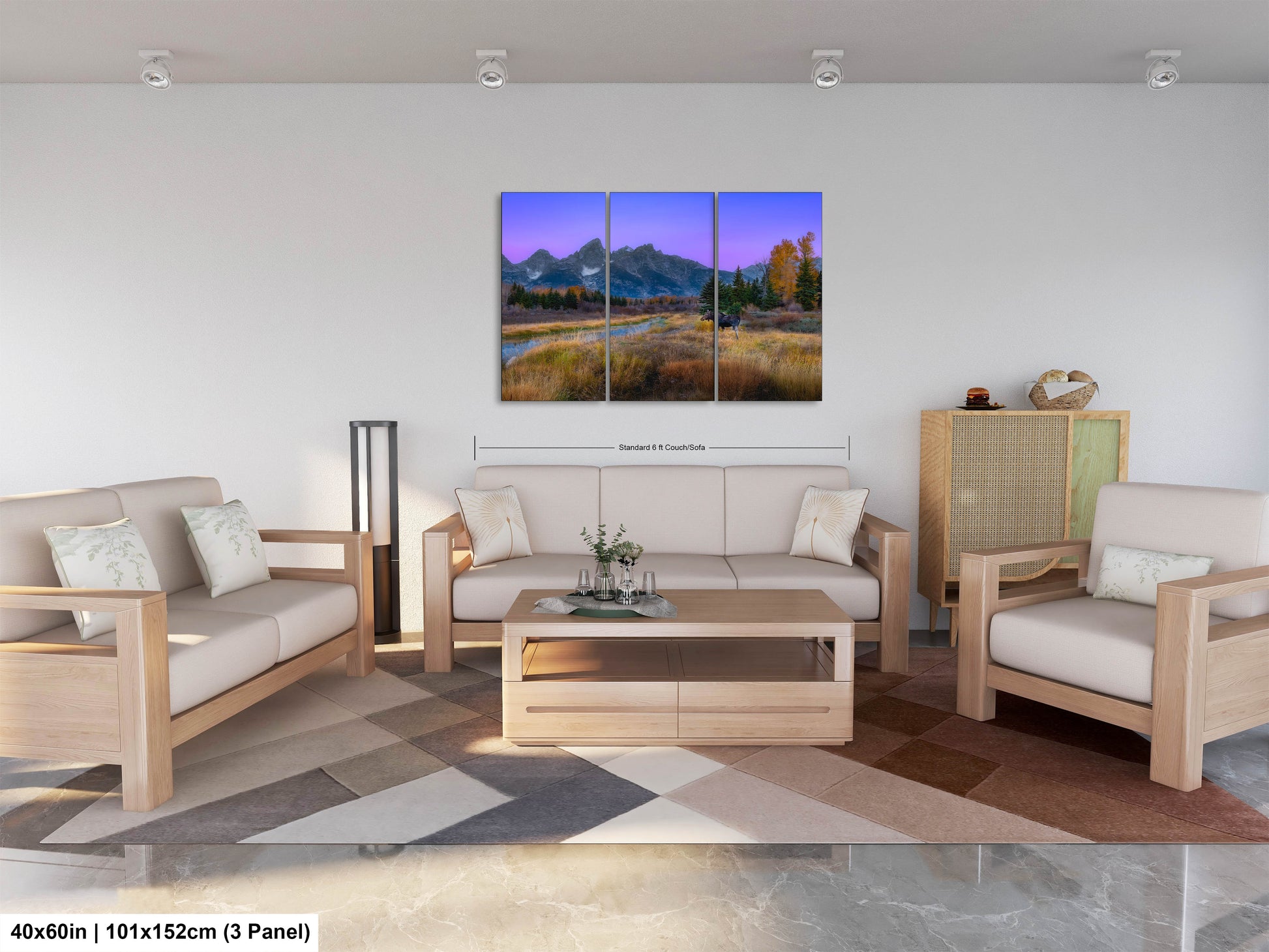a living room filled with furniture and a painting on the wall