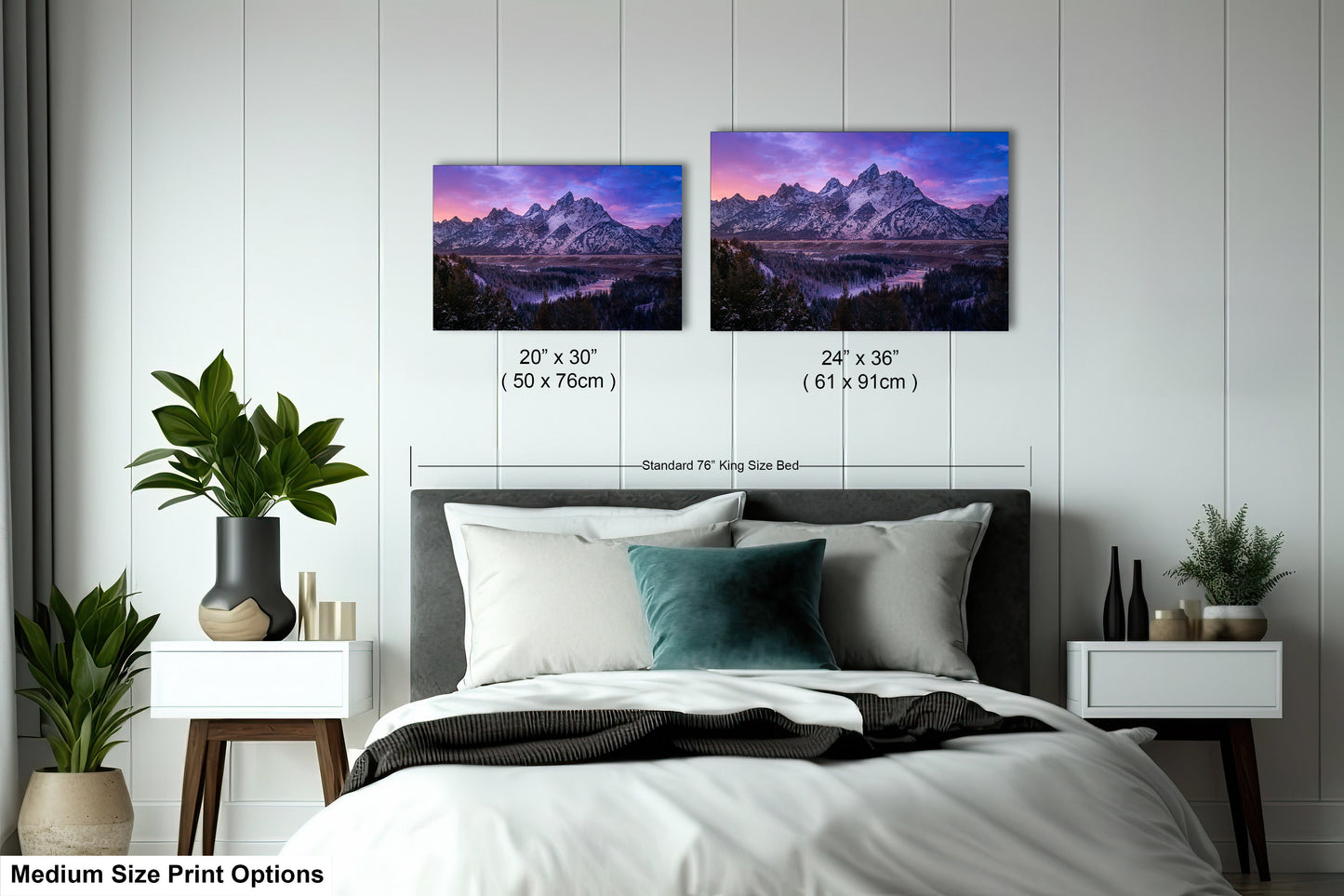 a bedroom with a bed and two pictures on the wall