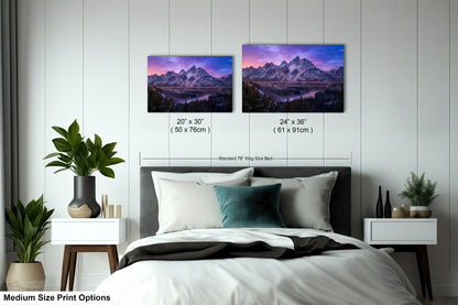 a bedroom with a bed and two pictures on the wall