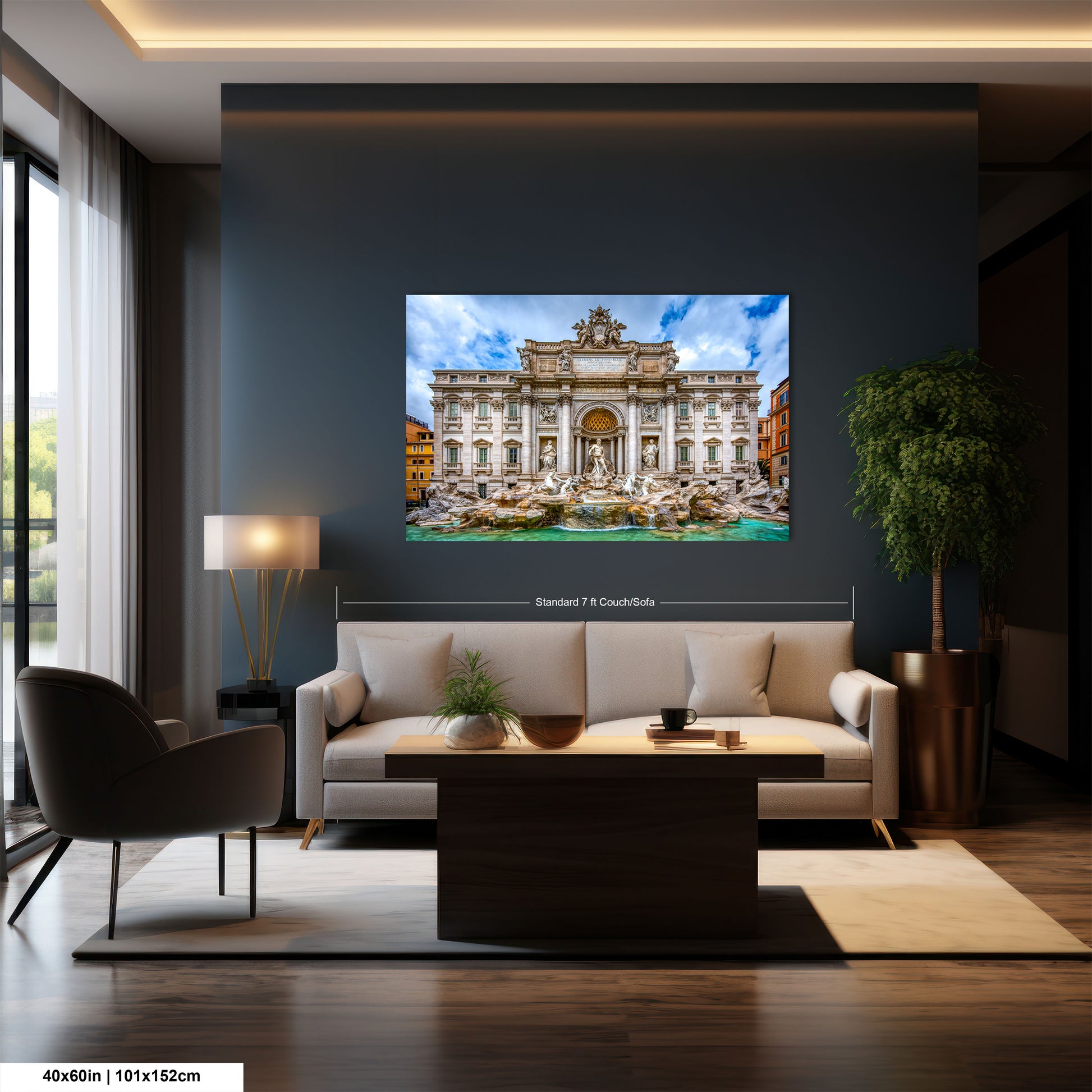 a living room with a large picture on the wall