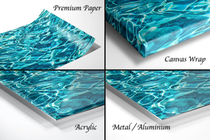 The image is a collage of four different materials or surfaces with a water-like texture, including a piece of paper labeled "Premium Paper", a canvas wrap, an acrylic surface, and a metal or aluminum surface.