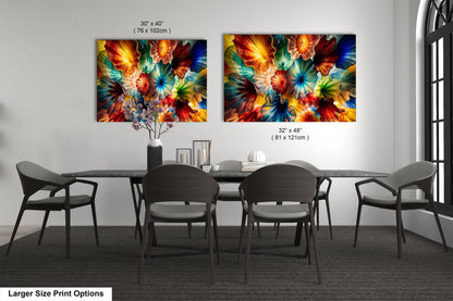 two large paintings of colorful flowers hanging on a wall above a dining table with chairs.
