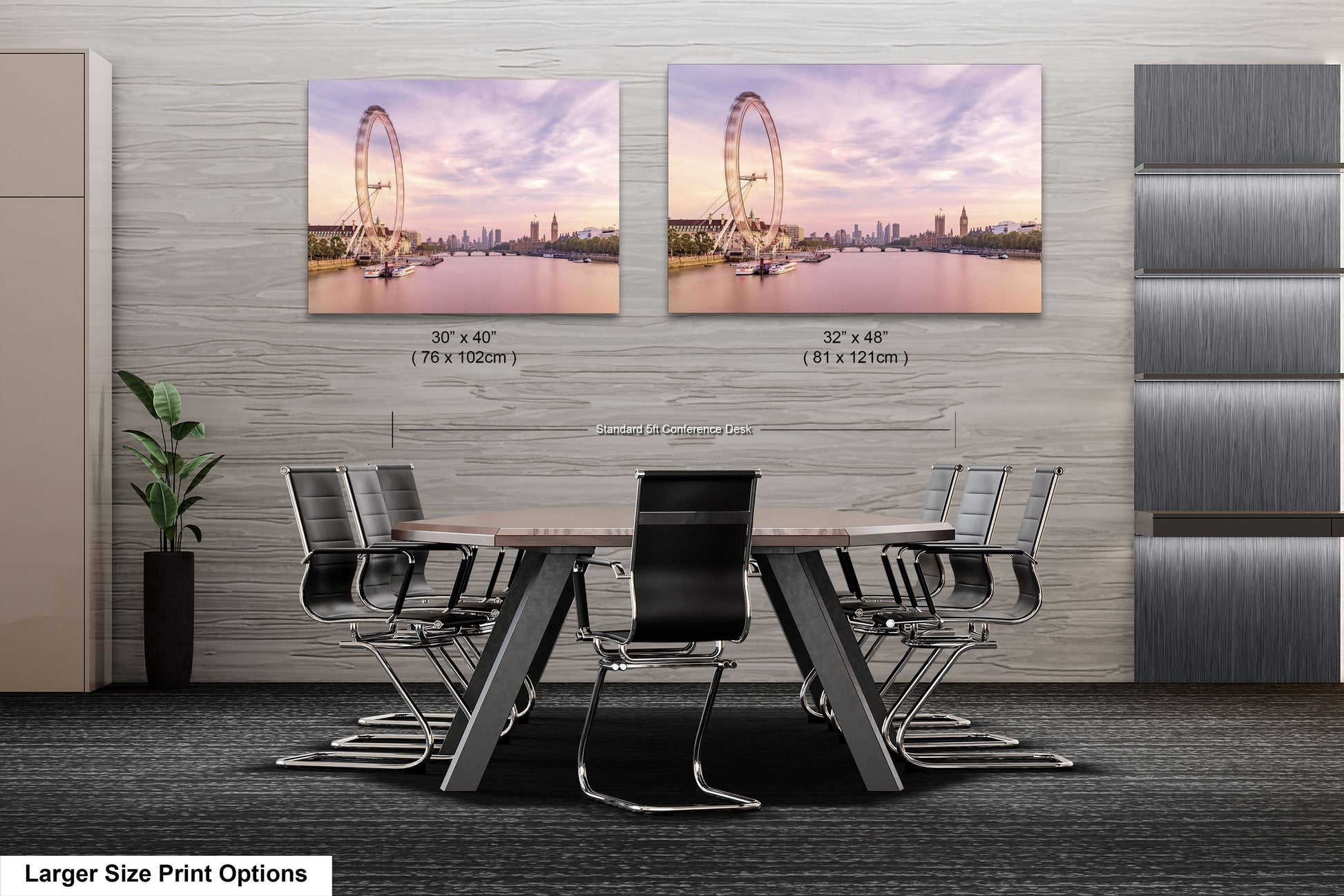 a dining room table with chairs and a large picture of a ferris wheel